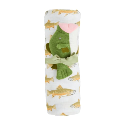 Fish-Themed Swaddle and Rattle Set for Newborns | Mud Pie
