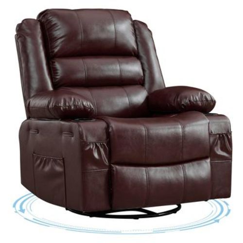 360° Swivel Rocking Recliner Chair with Cup Holder, PU Upholstered Manual Recliner for Living Room Nursery - Coffee