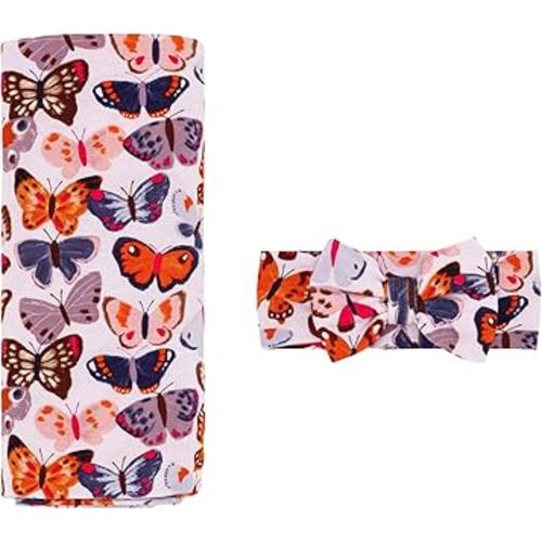 Little Sleepies Swaddle & Headband Bow Set, Viscose from Bamboo Baby Swaddles, Newborn Baby Girl Clothes (Butterfly Kisses)