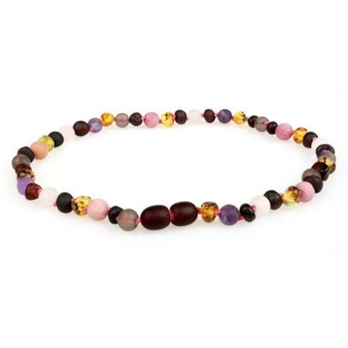 Amber Teething Necklace, Smoky/Rose Quartz, Amethyst