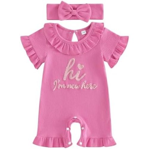 Amiblvowa Adorable Baby Girl Outfit Crew Neck Ruffle Romper Coming Home Waffle Shorts Jumpsuit Infant Cute Summer Clothes