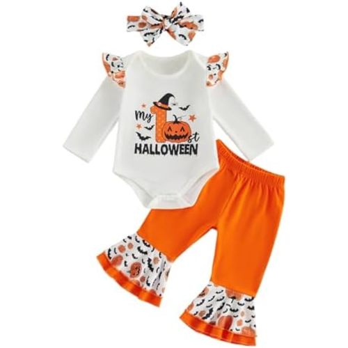 FYBITBO My First Halloween Baby Girl Outfits Newborn Infant Ruffle Romper Onesie Flare Pants Headband Halloween Clothes Set