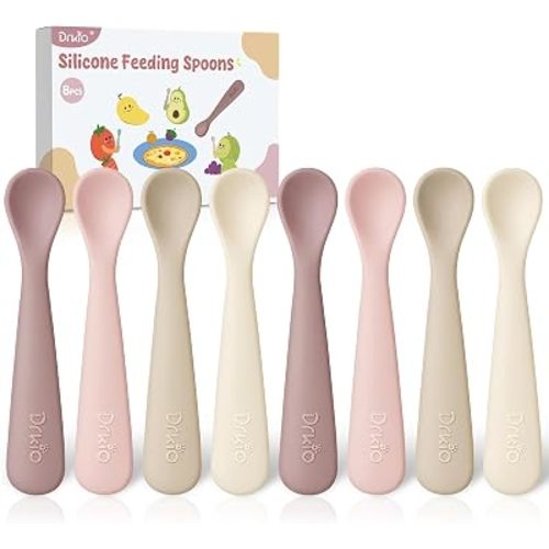 DRKIO 8 Pcs Silicone Baby Spoons Infant Utensils for First Stage Feeding