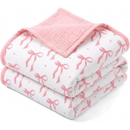 Muslin Baby Blanket for Girls Pink Bow Cotton Toddler Blanket