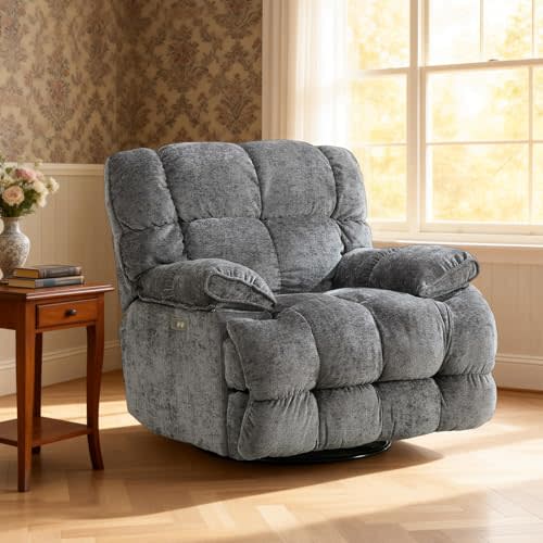 IOKOPO Oversized Swivel Rocker Recliner Chair, Power Recliner Chair, Breathable Soft Fabric Modern Nursery Single Sofa for Living Room, 90°-140° Electric Adjustable Angle, USB & Type-C Port, Gray