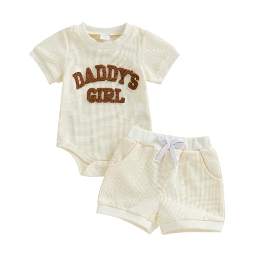 allshope Newborn Baby Girl Summer Outfit Set Romper Daddy Girl Embroidery Jumpsuit Tops Shorts Infant Waffle Clothes