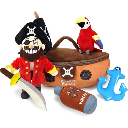 6-Piece My Little Pirate Plush Playset for Baby Toddler | Stuffed Plush Pirate Kit, Sensory Pretend Play, Includes Pirate Ship/Pirate Figure/Parrot, Boy Girl Infant Newborn Gifts