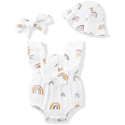 Renotemy Baby Girl Clothes Infant Summer Romper Cotton Linen Newborn Essentials Photography Preemie Outfits with Hat&Headband