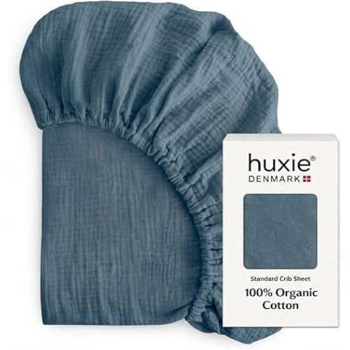 Huxie Crib Sheets, 100% Organic Cotton Muslin, Fitted 28"x52" Standard