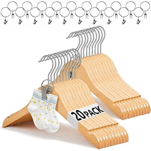 20 Pcs Wooden Baby Clothes Hangers with 20 Pcs Metal Ring Clips 12.6" Wooden Shirt Coat Hangers with Notches and Anti Rust 360 Swivel Chrome Hook for Kids Children Toddler Clothes
