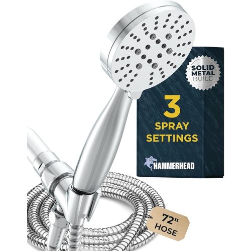 HammerHead Showers® Solid Metal 3-Spray Handheld Shower Head with Long Hose and Holder - CHROME - 2.5 GPM High Pressure Shower Head with Handheld Sprayer - WIDE, MASSAGE, and MIST Sprays