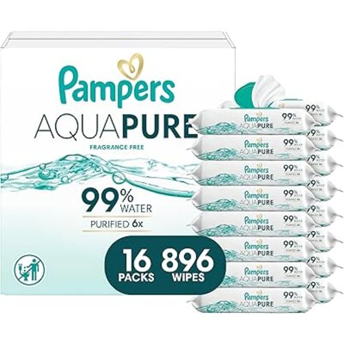 Pampers Aqua Pure Baby Wipes, 99% Water, Fragrance Free, Unscented, Water Based, Multi-Use, 896 Wipes Total (16X Flip-Top Packs) [Packaging May Vary]