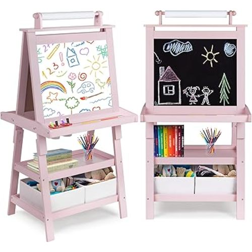 TODEFULL Art Easel for Kids, 3 in 1 Wooden Toddler Easel w/Magnetic Whiteboard, Chalkboard & Paper Roll, Standing Painting Easel with Shelves & 2 Storage Bins, for Boys Girls, Pink