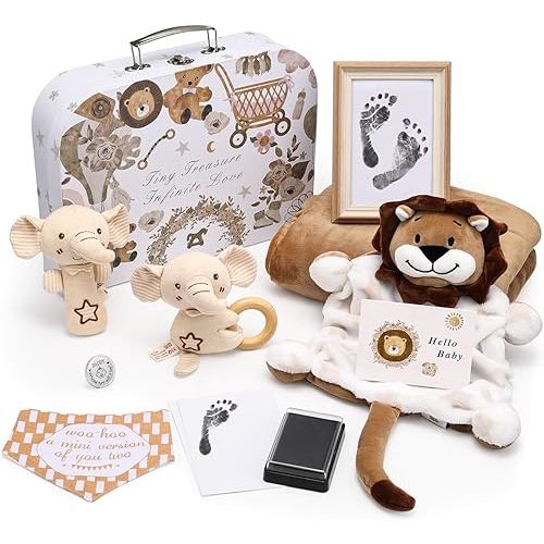 Lictin Baby Gift Set for Boys Girls, Baby Shower Gifts, Neutral Newborn Gifts Basket with Baby Blanket, Wooden Monthly Milestone Cards, Elephant Security Blanket, Rattle Socks and Wrist (Brown)