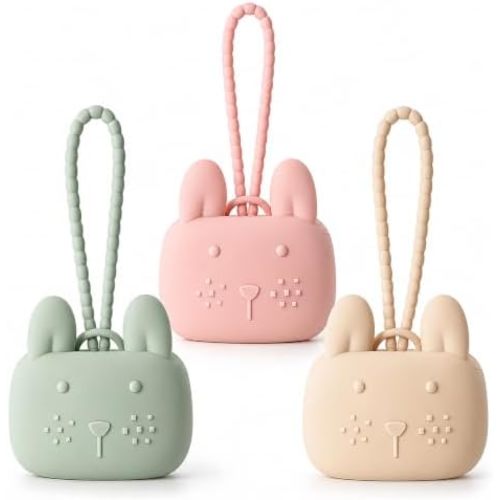 ROCCED Pacifier Holder Case Silicone Bunny Design Pacifiers Pouch with Soft Silicone Strap, Travel Storage for Stroller & Diaper Bag, Pacifier Holder Pouch for Baby, Set of 3 Beige Dusty Green Pink