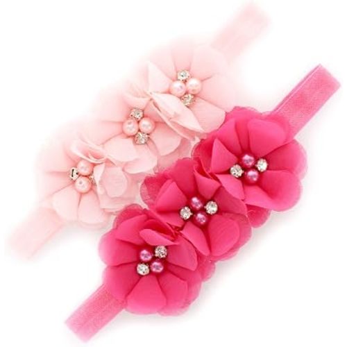 Flower Headbands Baby - Girls - Toddler Fabric Beaded Stretchy Elastic Pair