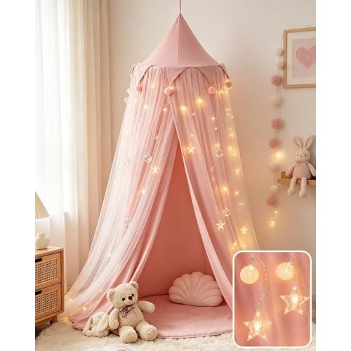Princess Bed Canopy for Girls with Star Lights