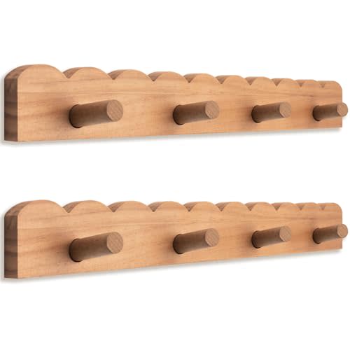 Leinuosen 2 Pack Scalloped Coat Rack Wall Mount Cute Nursery Wall Hook 16 Inch 8 Hooks Wood Backpack Hanger for Toddler Kids Clothes Hat Towel Keys Bathroom Classroom Playroom Nursery Decor