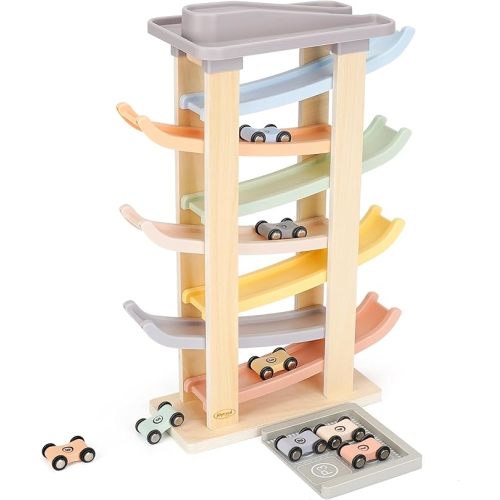 Joyreal Montessori Toddler Toys for 1 2 3 Year Old - 7 Level Wooden Car Ramp Racer Toys with 8 Mini Cars & 2 Garages - Christmas Birthday Gifts for 2 Year Old Boys and Girls