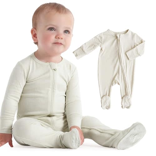 Caden Lane Zippered Baby Footie Pajamas, Soft Onesie Bodysuit with Feet & Double Zipper for Easy Diaper Change, Infant, and Toddler Footed One-Piece Jumpsuit, Oat Beige, 0-3 Months