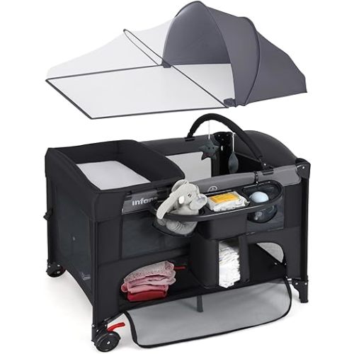 INFANS Baby Bassinet, 4 in 1 Nursery Center Pack and Play Baby Playard with Changing Table, Mosquito Net, Storage Basket, Travel Bag for Newborn 0-36 Months (Black)