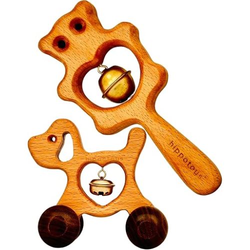 HippoToys Wooden Baby Rattles & Sensory Toys for Babies 0-12 Months – Natural, Safe, and Eco-Friendly Montessori Toys for Early Sensory Development, Teething Relief, and Engaging Playtime