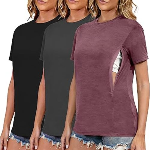 Ecavus Women's 3-Pack Nursing Shirts for Breastfeeding with Hidden Zippers Loose Fit Maternity Tops