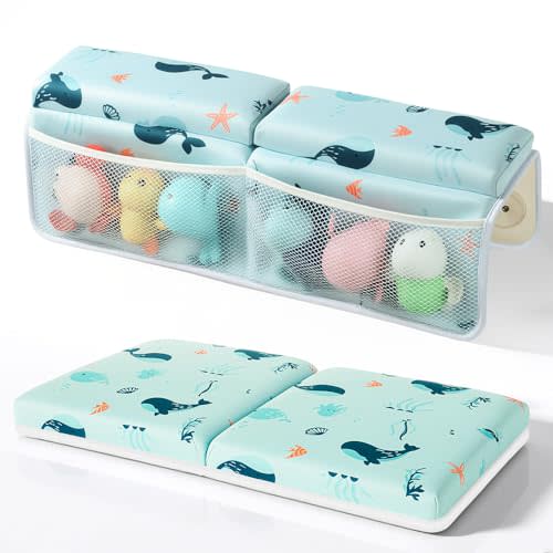 SKEFOLI Baby Bath Kneeler and Elbow Rest Pad Set,1.5" Thick Baby Bath Kneeler Pads with Toys Organizer, Pads to Support The Arm, Essentials, Ideal Kneeling Pad for Bathing（Blue）