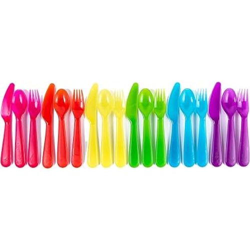 Kids Plastic Dinnerware Set of 18 Multi Color Flatware (Spoons, Forks and Knives) - Reusable, BPA-Free, Dishwasher Safe and Microwaveable