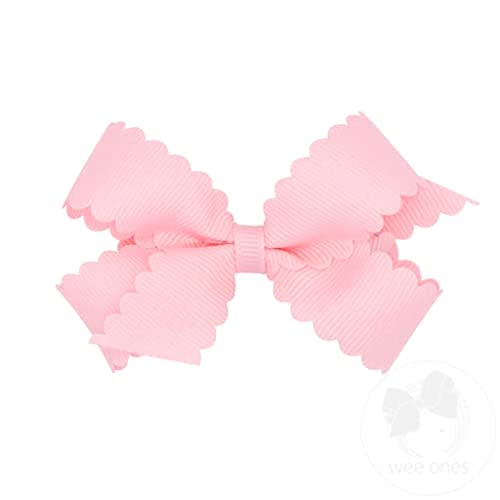 Wee Ones Girls' Classic Grosgrain Hair Bow with Scalloped Edges and Plain Wrap Center on a WeeStay Hair Clip, Mini, Light Pink