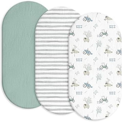 Gllquen Baby Muslin Bassinet Sheets 3 Pack, Breathable Elastic Cozy Fitted Cotton Bassinet Mattress Sheet for Baby Boy Girls, Fit for Hourglass Oval Rectangular Cradle Pad Sheets 33"x17" (Car)