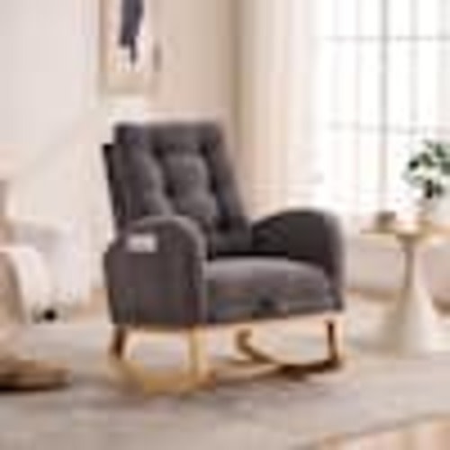 Nestfair Dark Gray Accent Rocking High-Back Rocker Sofa Armchair with Footrest and Storage Pocket AC231P9281