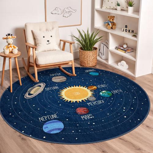 Solar System Kids Rug, Space Themed Round Carpet for Nursery & Playroom, Planets Educational Floor Mat, Galaxy Bedroom Decor