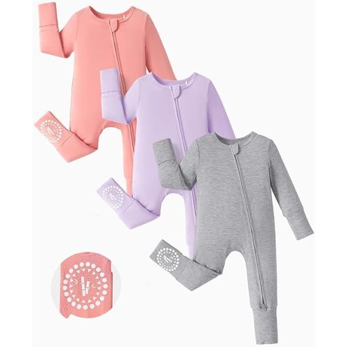 PATPAT Baby Footies Boys Girls - Bamboo Viscose - Zipper & Non-Slip Soles Romper Mitten - Footed & Footless Infant Clothes