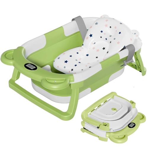 TPN Collapsible Baby Bathtub, Baby Bath Tub with Soft Cushion & Real-Time Thermometer, Baby Bathtub Infant to Toddler Tub (0-36 Months), Portable Travel Baby Tubs for Newborns (Green)