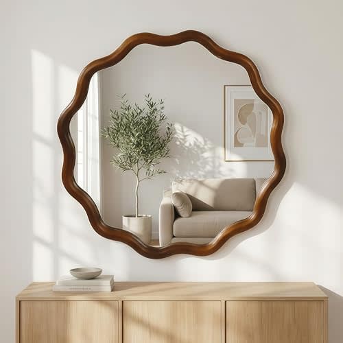 GDFStudio 36 Inch Wavy Round Solid Wood Frame Mirror, Bohemian Decorative Wall Mirror with Tempered Glass, for Bathroom, Living Room, Entryway, Farmhouse Home Decor, Black + Dark Walnut