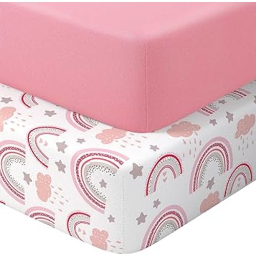 Baby Crib Sheets 2 Pack for Boys and Girls Fit for Standard Crib Toddler Mattress Breathable Soft Microfiber Baby Sheet 28x52x8in (Pink Rainbow & Pink)