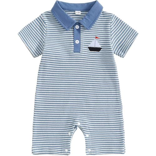 Amiblvowa Baby Boy Summer Outfit Short Sleeve Embroidery Sailboat Button Collared Romper Jumpsuit Infant Waffle Polo Clothes