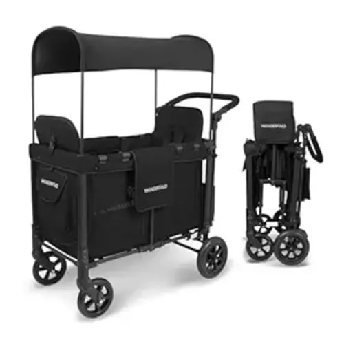 WonderFold W2 Stroller Wagon - Foldable Wagon with Steel Frame - Canopy & Adjustable Push Handle - All-Terrain Wheels - for Babies, Toddlers & Kids - 2 Seater - Black