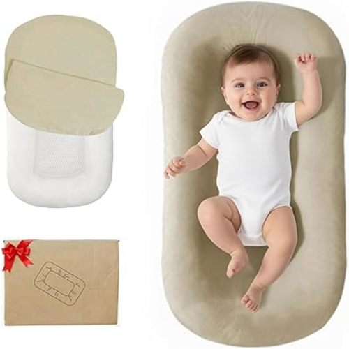 Lucakuins Baby Lounger, Bionic Design Baby Lounger for Newborn 0-24 Months, Soft Organic Cotton Breathable Lounger for Infants (Apricot Baby Lounger)