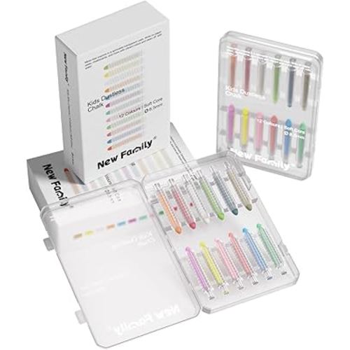 NewFamily Dustless Chalk 2-Pack, 24 Sticks (2×12 Colors) – Non-Toxic, Washable Sidewalk & Blackboard Chalk for Kids & Toddlers, Smooth Bold Colors