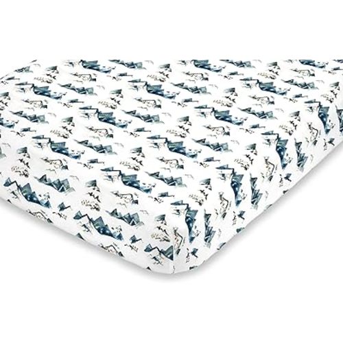 NoJo Super Soft Blue, Green, Tan & White Mountain Watercolor Fitted Mini Crib Sheet, Blue, Green, Tan, White