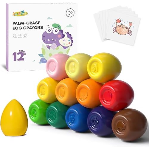 JUPITEARTH 12 Colors Egg Crayons for Toddlers 1-3, Palm-Grasp Non Toxic Jumbo Washable Crayons for Kids, Fat Brain Toys for Preschool Art Supplies and Perfect Easter Gifts for Boys and Girls