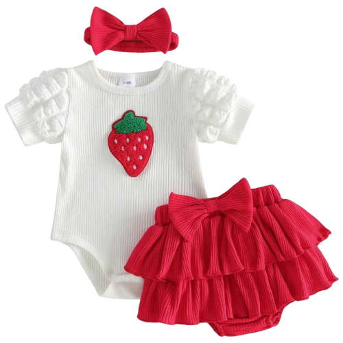 Staki Newborn Outfit Baby Girl Clothes 0 3 6 12 18 Months Ruffle Sleeve Romper Headband Shorts Set,3-6 Months