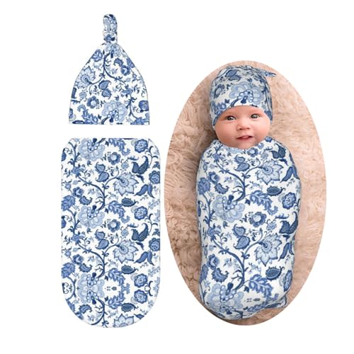 Blue and White Porcelain Floral Vintage Chinoiserie Newborn Swaddle Blankets Baby Stuff Soft Swaddling Blanket with Beanie Sets Gifts for Infant Boys Girls