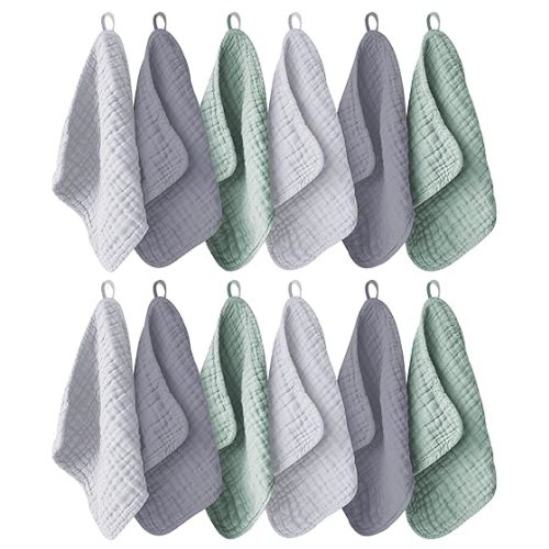 12 Pack Muslin Washcloths for Baby - 100% Cotton Baby Wash Cloths for or Baby Face Body Comfy and Soft for Newborn Infants Kids Girls and Boys - 12"x12" - Grey, Green and Slate