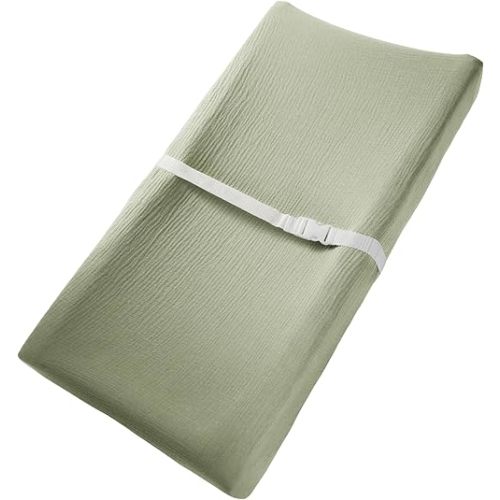 Comfy Cubs Muslin Fitted Changing Pad Cover - Soft, Breathable & Washable 100% Cotton Fitted Sheet for Baby's Comfort - Universal Fit for Flat & Curved Baby Changer Pad - Sage