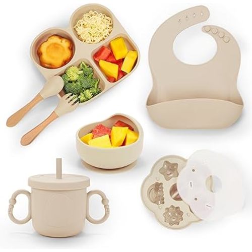 MIICASA Silicone Baby Feeding Set, Led Weaning Supplies, Food Tableware Suction Plate, Bowl, Spoons, Fork, Waterproof Bib, Cup & Complementary Food Cake Mold, Eating Utensils