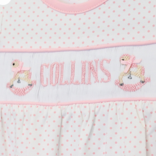 GIRLS ROCKINGHORSE NAME SMOCKED INFANT GOWN – Little Bear Smocks