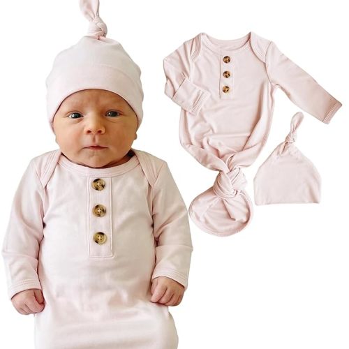 Caden Lane Newborn Knotted Gown with Hat, Soft Bamboo Viscose Baby Sack, Unisex Infant Breathable Night gown Pale Pink